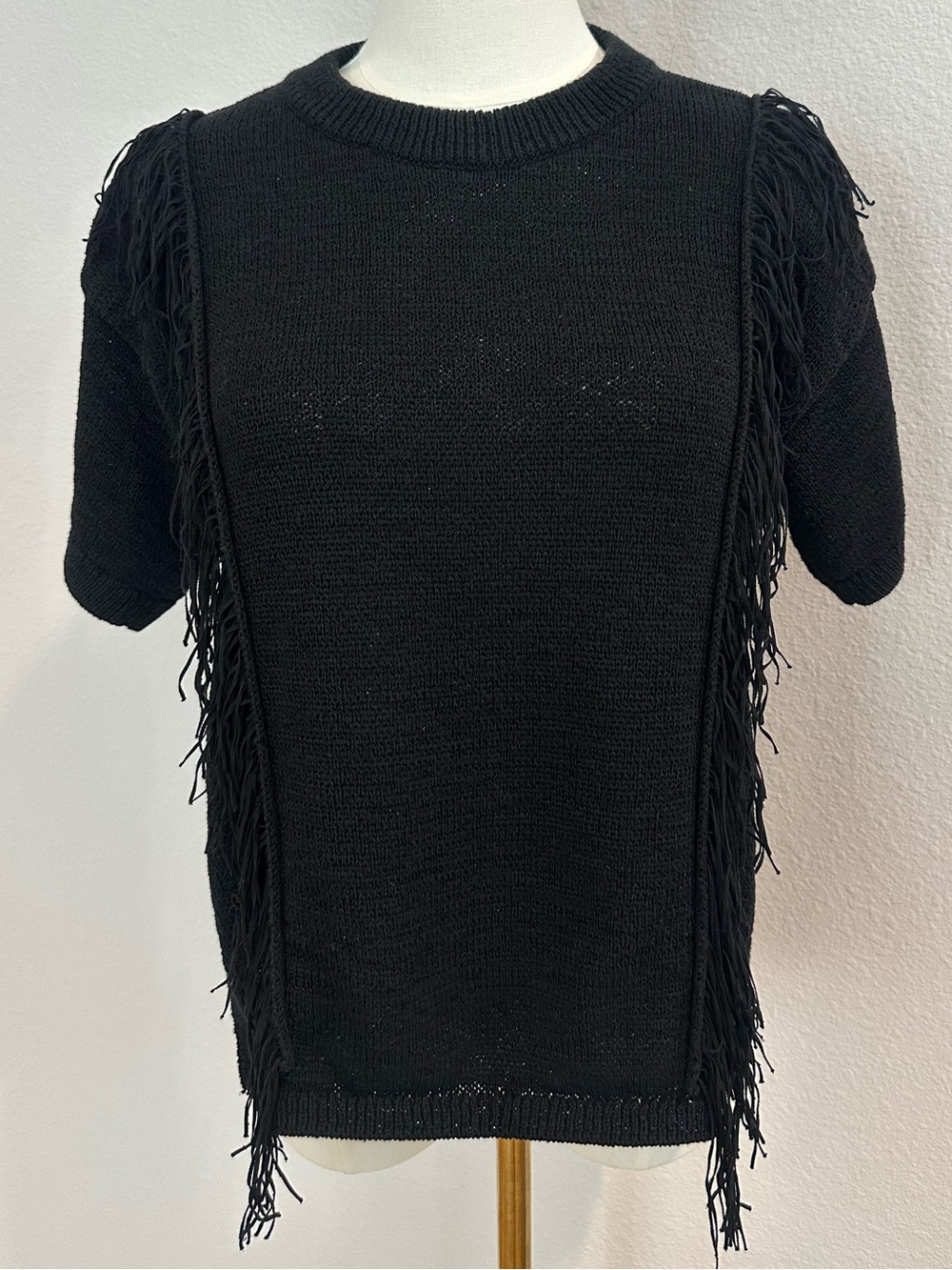 Michael Kors Black Fringe Knit Sweater Top Short Sleeve Boho Size Small